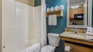A bathroom with a shower, toilet, sink, and a mirror. - 2 Queen Beds|Non-Smoking, Kitchen (Lenexa)