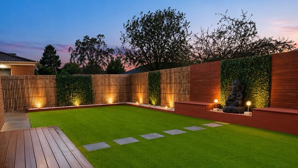 Un patio con césped artificial, una terraza de madera, una zona de estar y una estatua decorativa de Buda.
