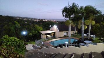 A pool area with steps leading down to the water, surrounded by palm trees and a view of the landscape.