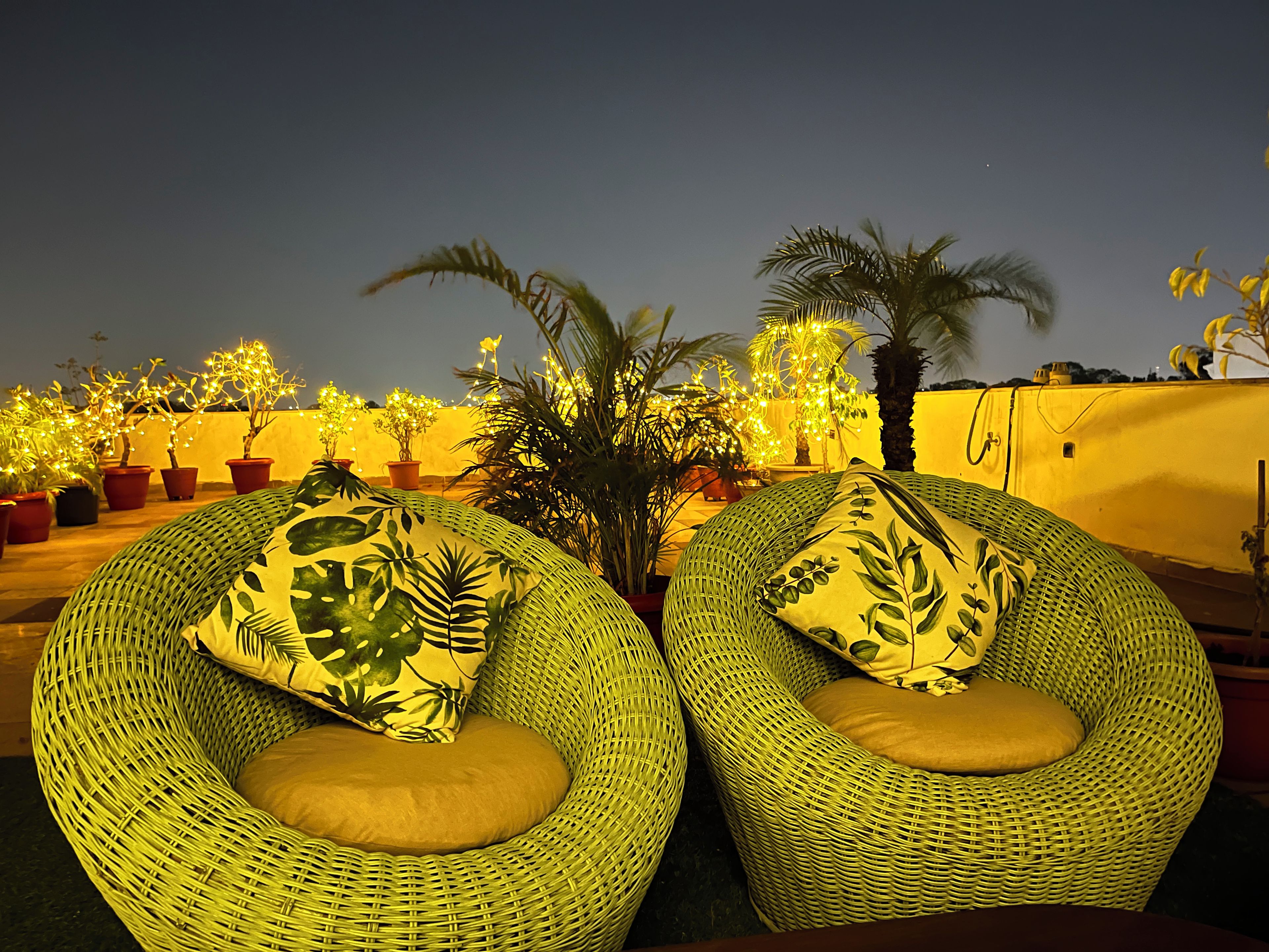 Twee rieten lounge stoelen met kussens, omgeven door potplanten en lichtjes, voor een achtergrond van een ondergaande zon.