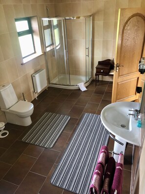 Et badeværelse med en glasafskærmet brusekabine, toilet, vask og et træskab.