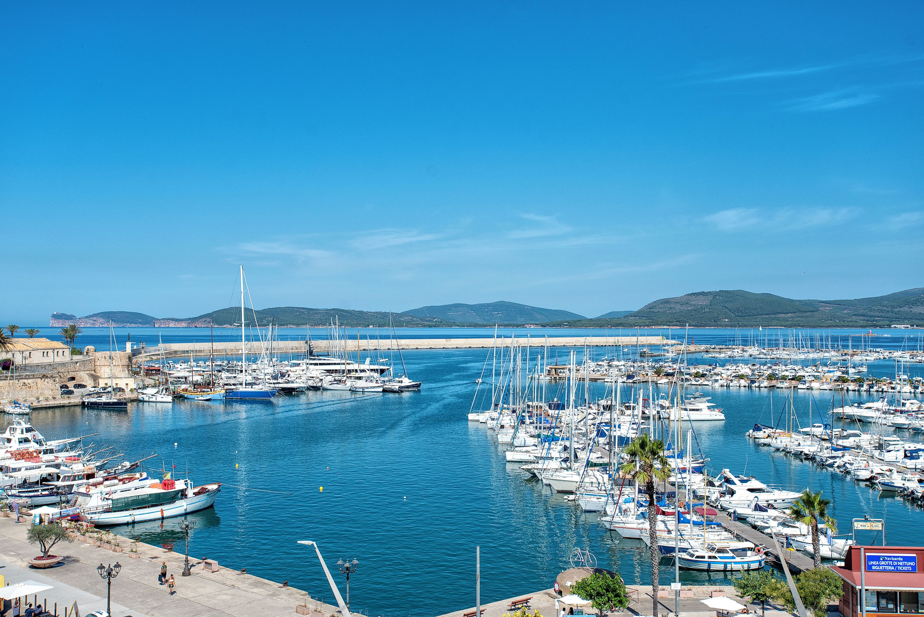 Un port esportiu amb nombroses embarcacions amarrades, cel blau i paisatge costaner al fons.