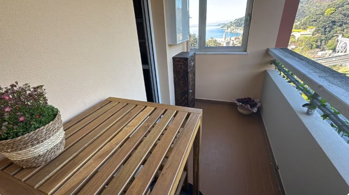 A balcony with a wooden table, a potted plant, and a view of a coastal landscape.