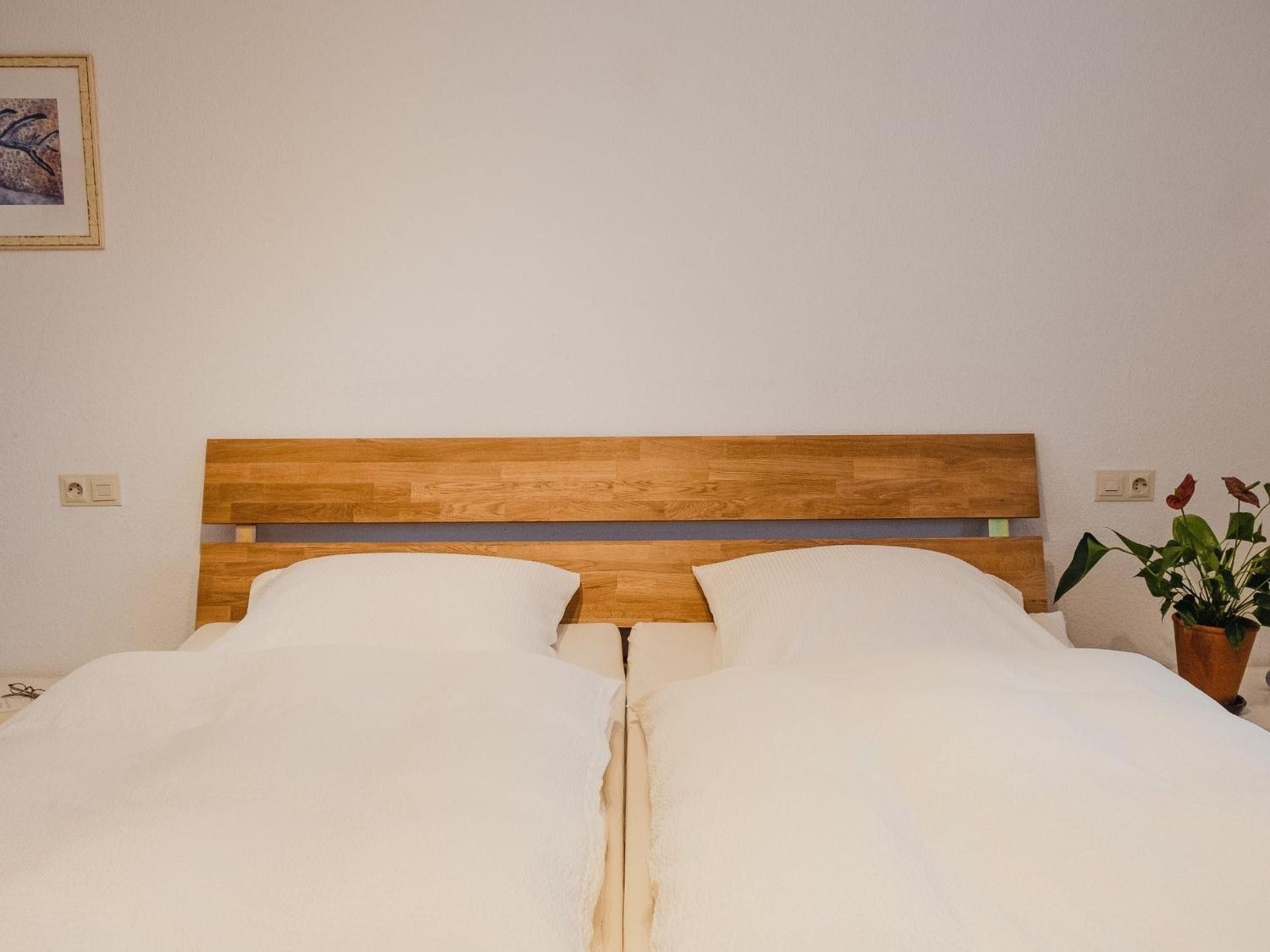 A bed with a wooden headboard, white bedding, and a potted plant on the side.