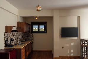 A compact kitchen with a built-in oven, a microwave, and a sink. There's a window with a view of the outside, and a flat-screen TV mounted on the wall.