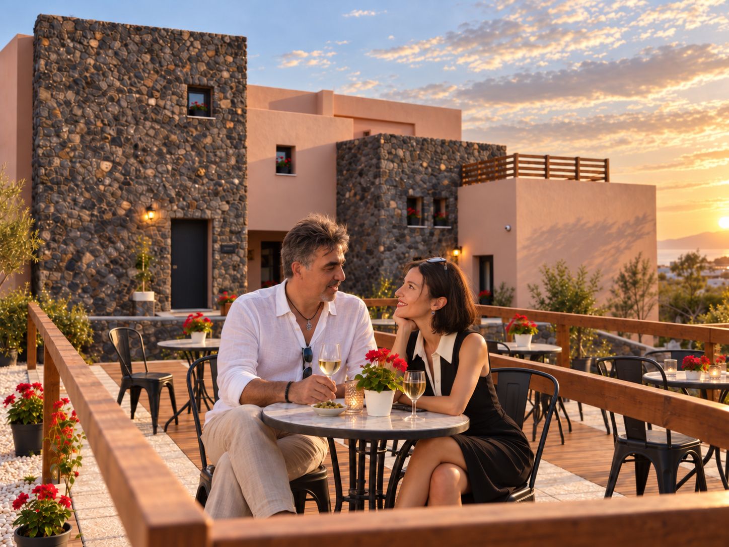 A couple dining at an outdoor table with a stone wall backdrop, surrounded by potted plants and a wooden deck.