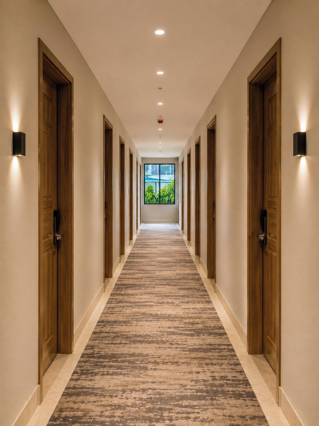 Ein Hotelgang mit Holztüren, Teppichboden und eingelassener Beleuchtung.