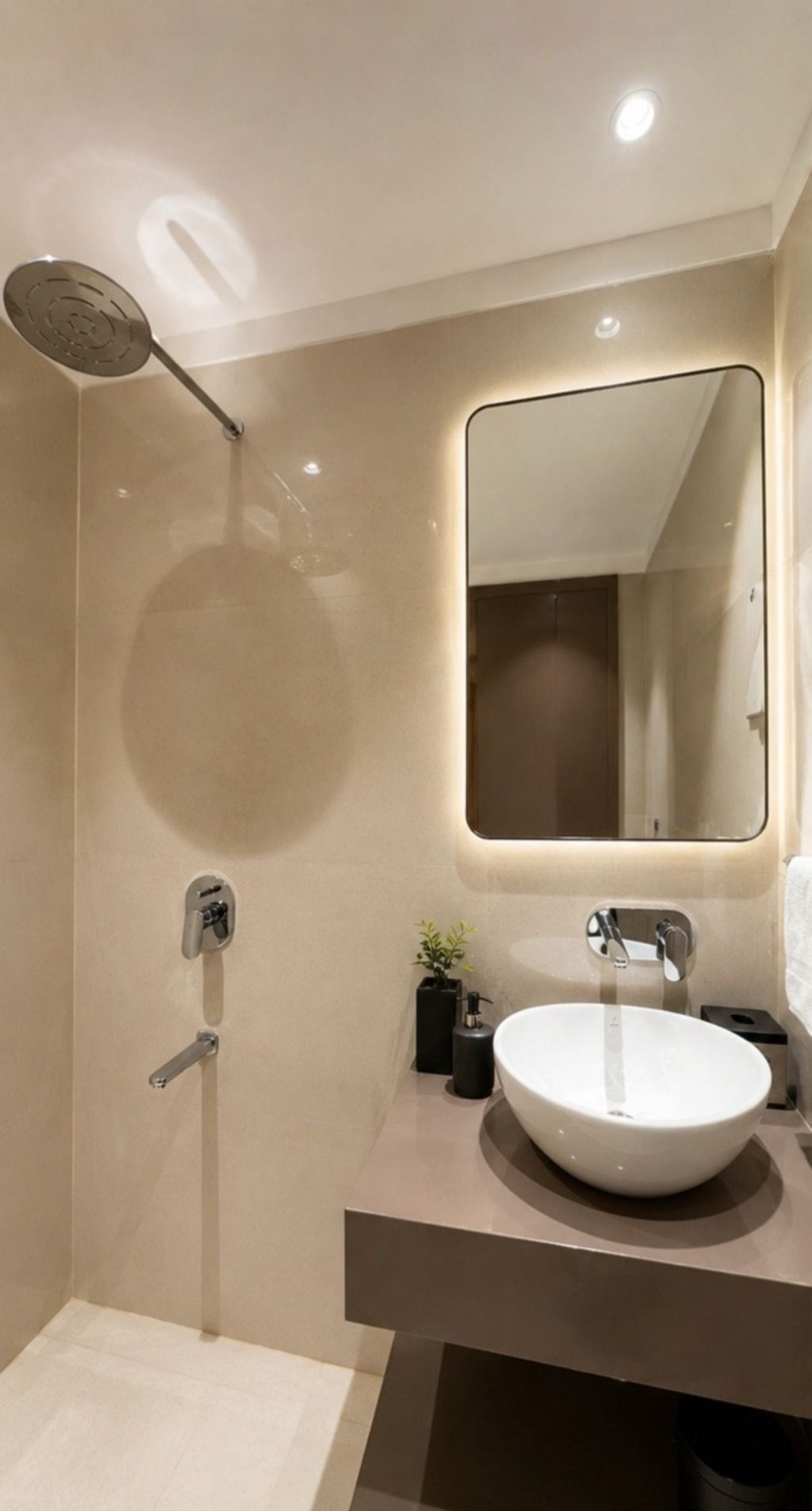 Ein modernes Badezimmer mit einem runden Spiegel, einem weißen Waschbecken und einer Dusche.
