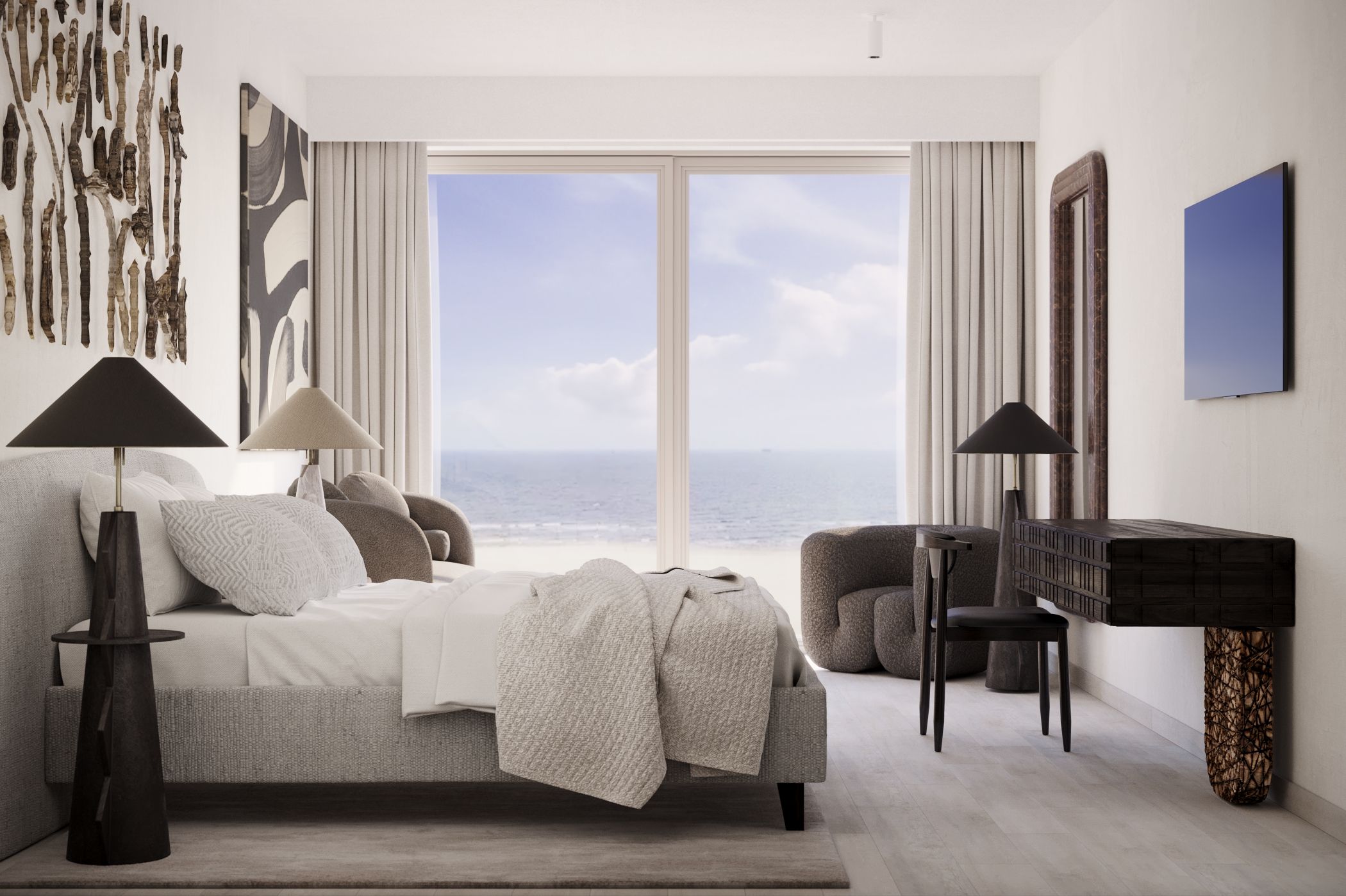 Ein modernes Schlafzimmer mit großem Fenster, einem Bett, einem Sessel und einem Schreibtisch.