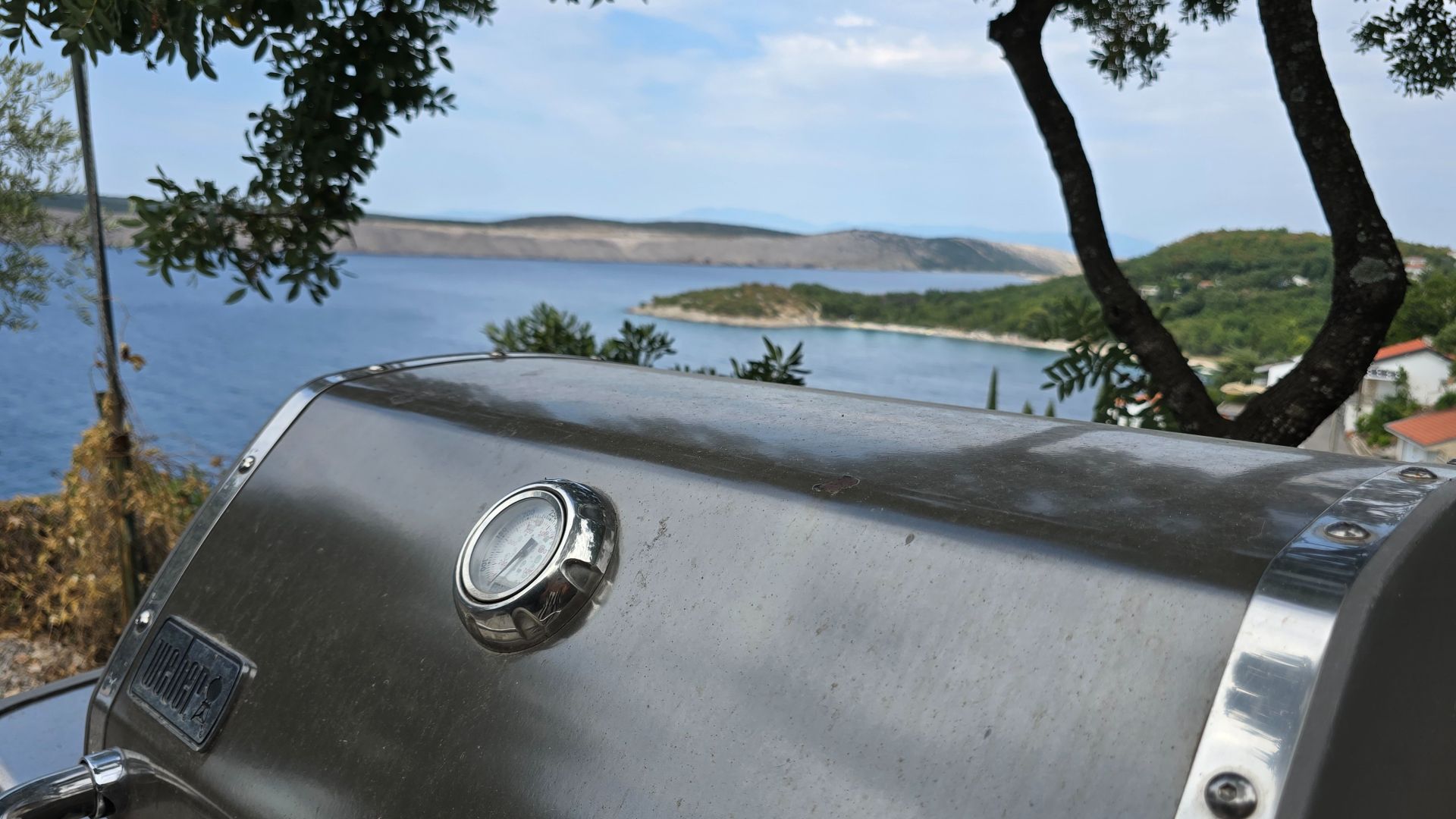 A grill with a view of a body of water and distant land.