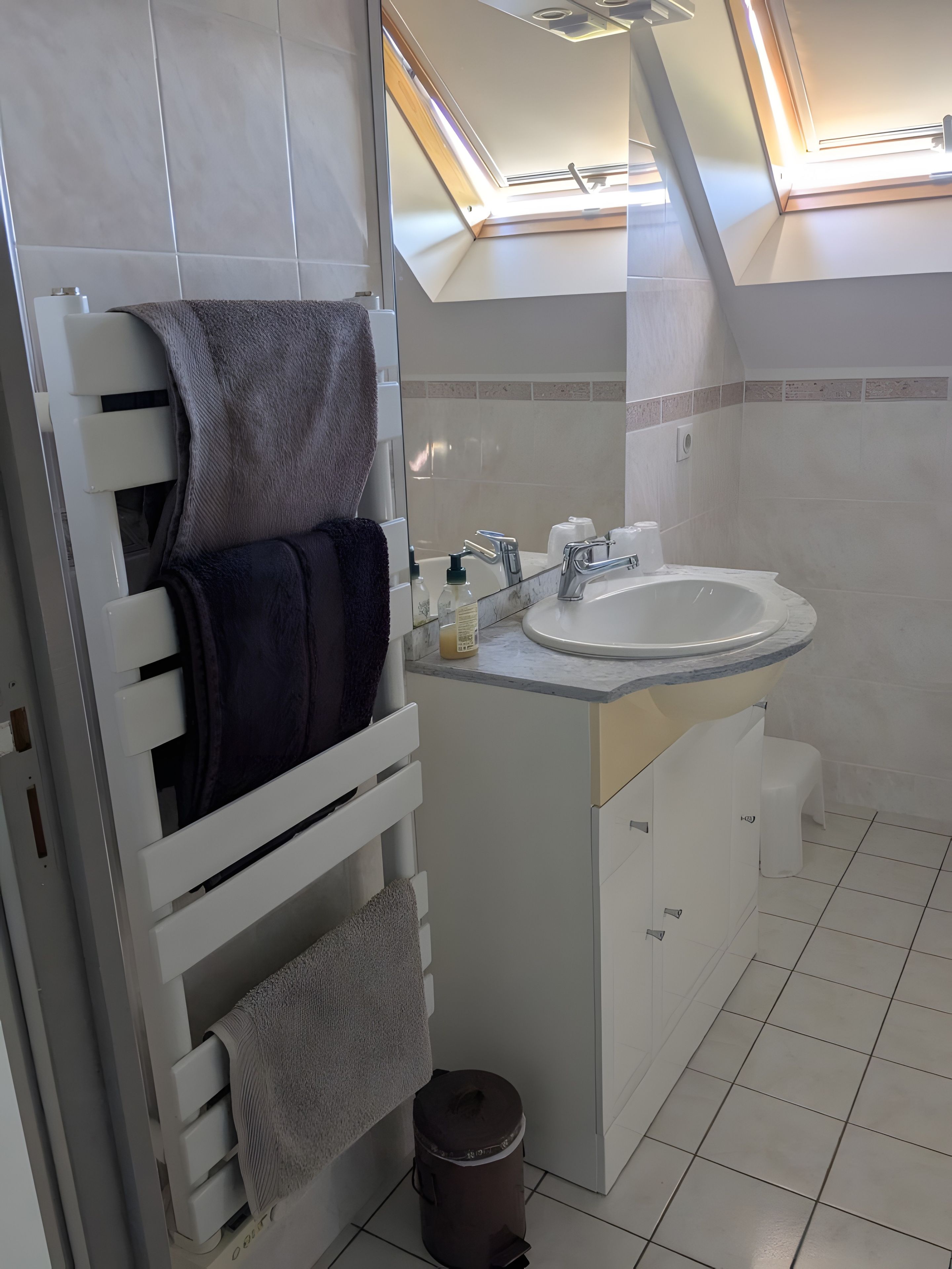 A modern bathroom with a skylight, a white sink, and a towel rack.