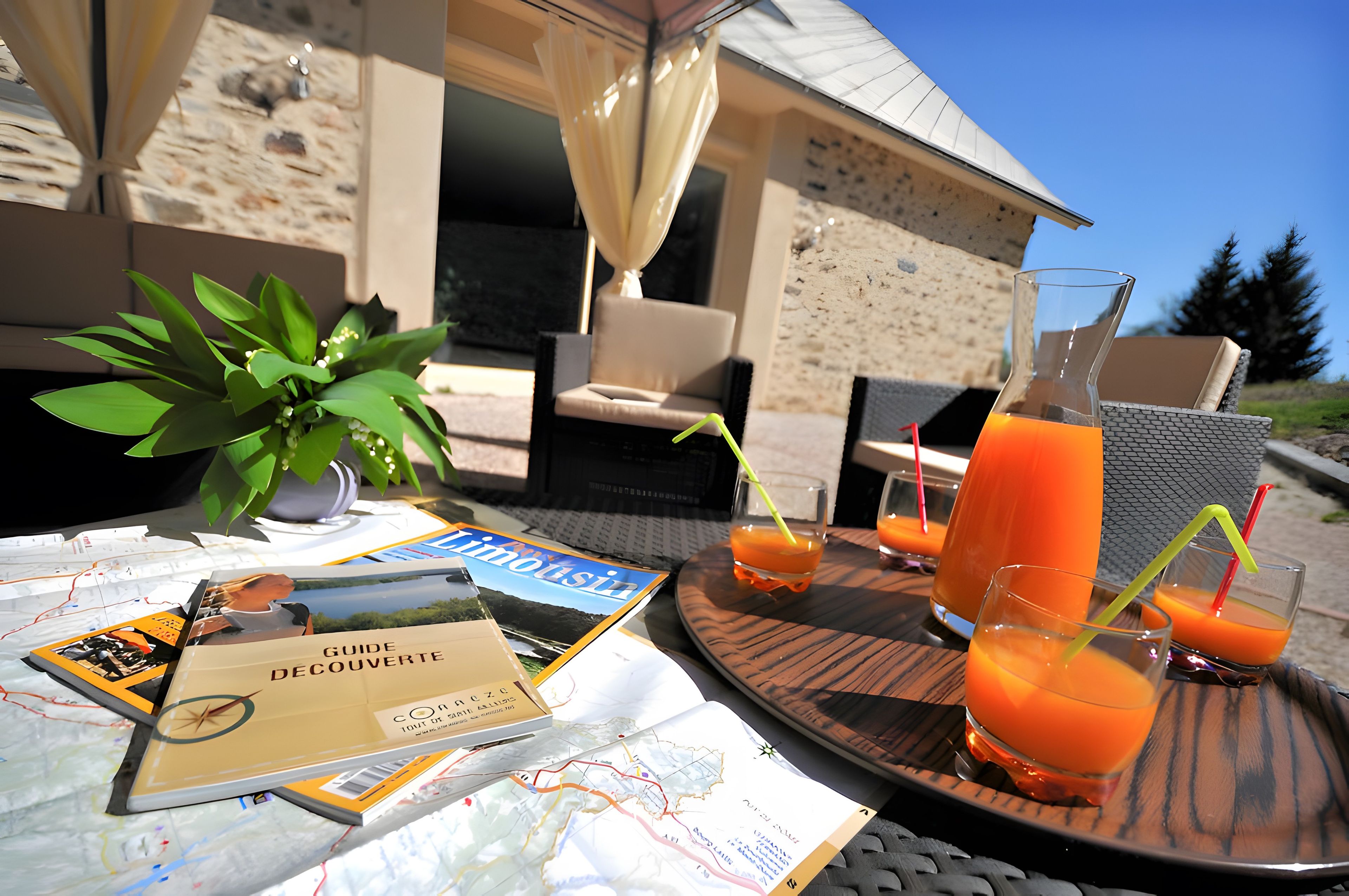 A table with a map, a guidebook, and two glasses of orange juice with straws.