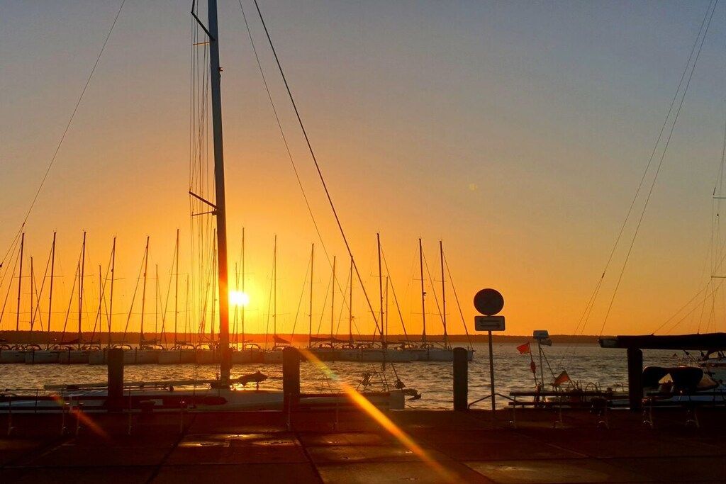 A marina with multiple boats docked, a clear sky, and the sun setting in the background.