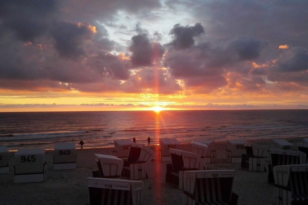 A beach with rows of numbered beach chairs and umbrellas, a sunset in the background, and a person walking on the sand.