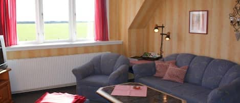 A living room with two sofas, a coffee table, a television, and a window with curtains.