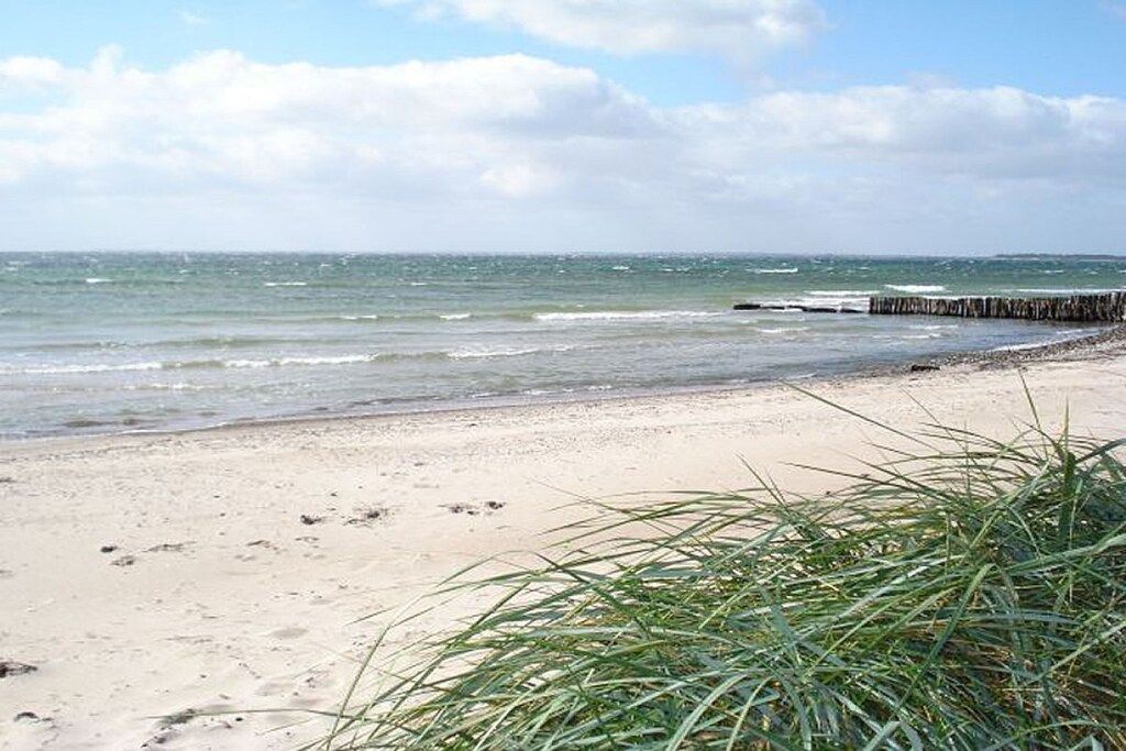 A beach with a wooden pier extending into the sea, sandy shore, and green vegetation in the foreground.
