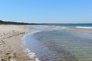 Une plage à l’eau claire, avec un rivage sablonneux et une ligne d’arbres à l’horizon.