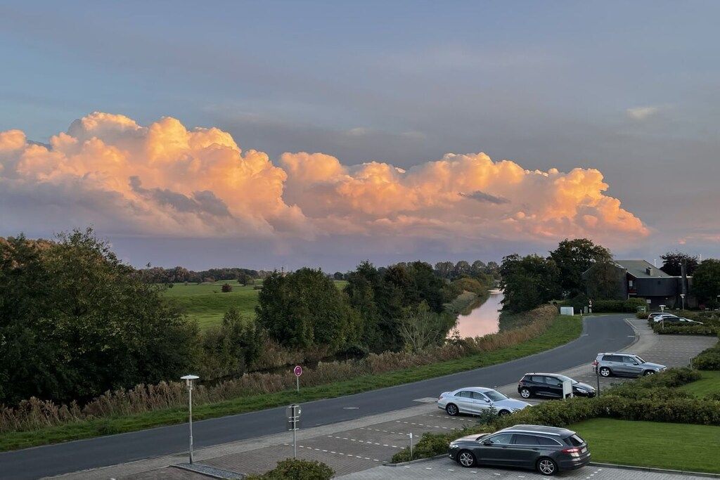 A road with parked cars, a pedestrian crossing, and a body of water in the background.