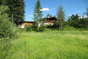 A lodge with a wooden exterior, surrounded by dense forest and a grassy field. - Romantic mountain accommodation on the 1st floor (Leutasch)