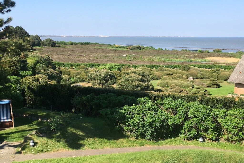 A coastal landscape with a thatched-roof building, dense greenery, and a clear view of the sea.