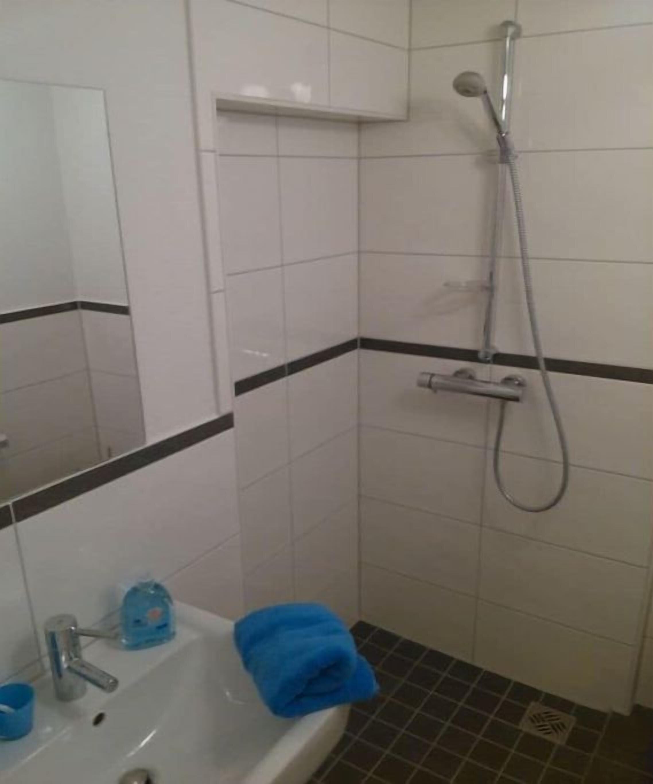 Ein Badezimmer mit einem weißen Waschbecken, einem Spiegel, einer Dusche inklusive Handbrause und einem blauen Handtuch auf dem Boden.