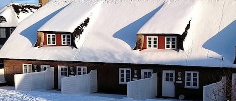 A row of houses with steeply pitched roofs covered in snow, indicating a cold climate.