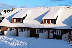 Eine Reihe von Häusern mit steilen, mit Schnee bedeckten Dächern, was auf ein kaltes Klima hindeutet.