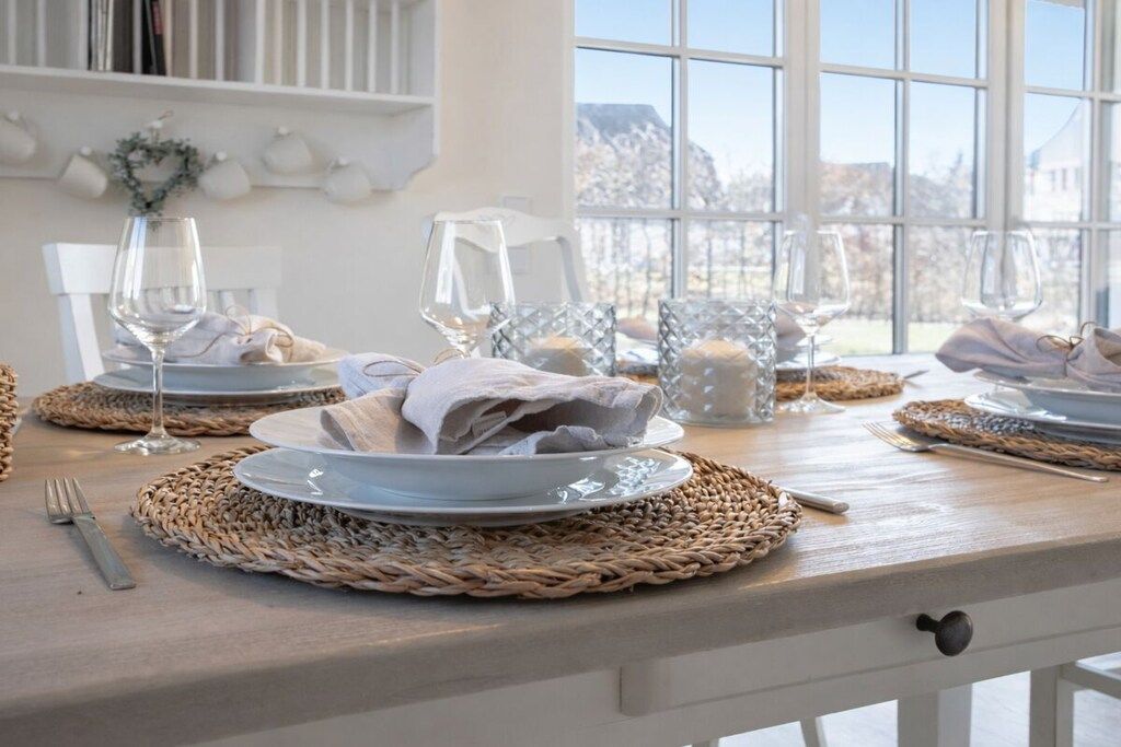 A dining table set with plates, glasses, and napkins, with a view of the outdoors through a large window.