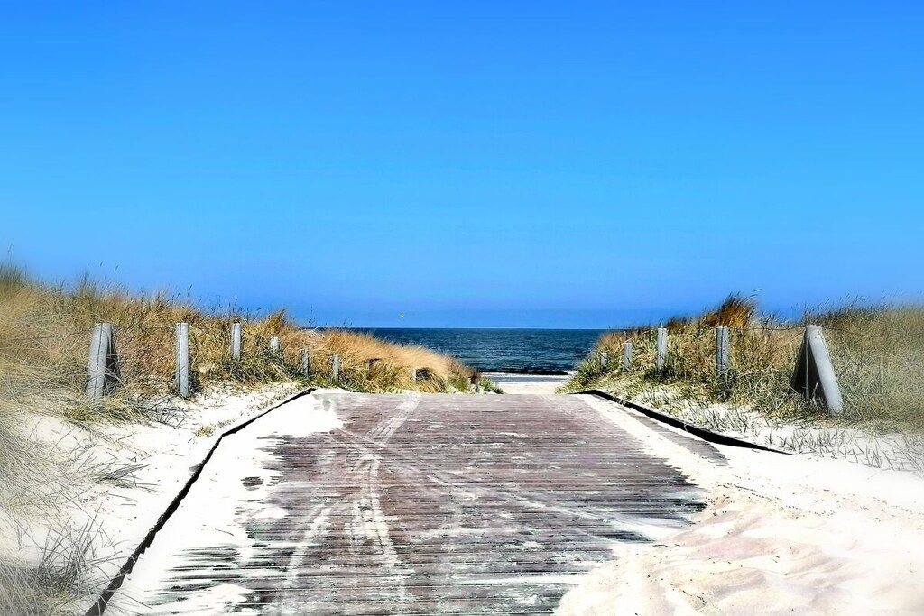 Ein gepflasterter Weg führt zu einem Strand unter blauem Himmel.