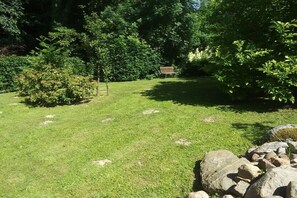 Eine begrünte Außenanlage mit einer Bank und einem kleinen Baum.