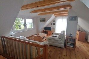 A loft-style living room with a sloped ceiling, wooden beams, a sofa, a TV stand, and a bookshelf. - in the Recknitz valley (Ahrenshagen- Daskow)