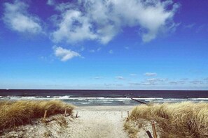 A beach path leading to the ocean with sand and grass on either side. - Holiday home in Barth with swimming pool (Barth)