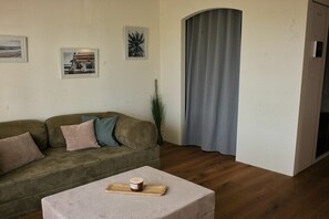 Un saló amb un sofà, una taula de centre i una cortina gris.