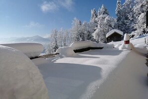 A snow-covered landscape with a wooden cabin and snow-covered trees. - Holiday home in Doren with swimming pool (Doren)