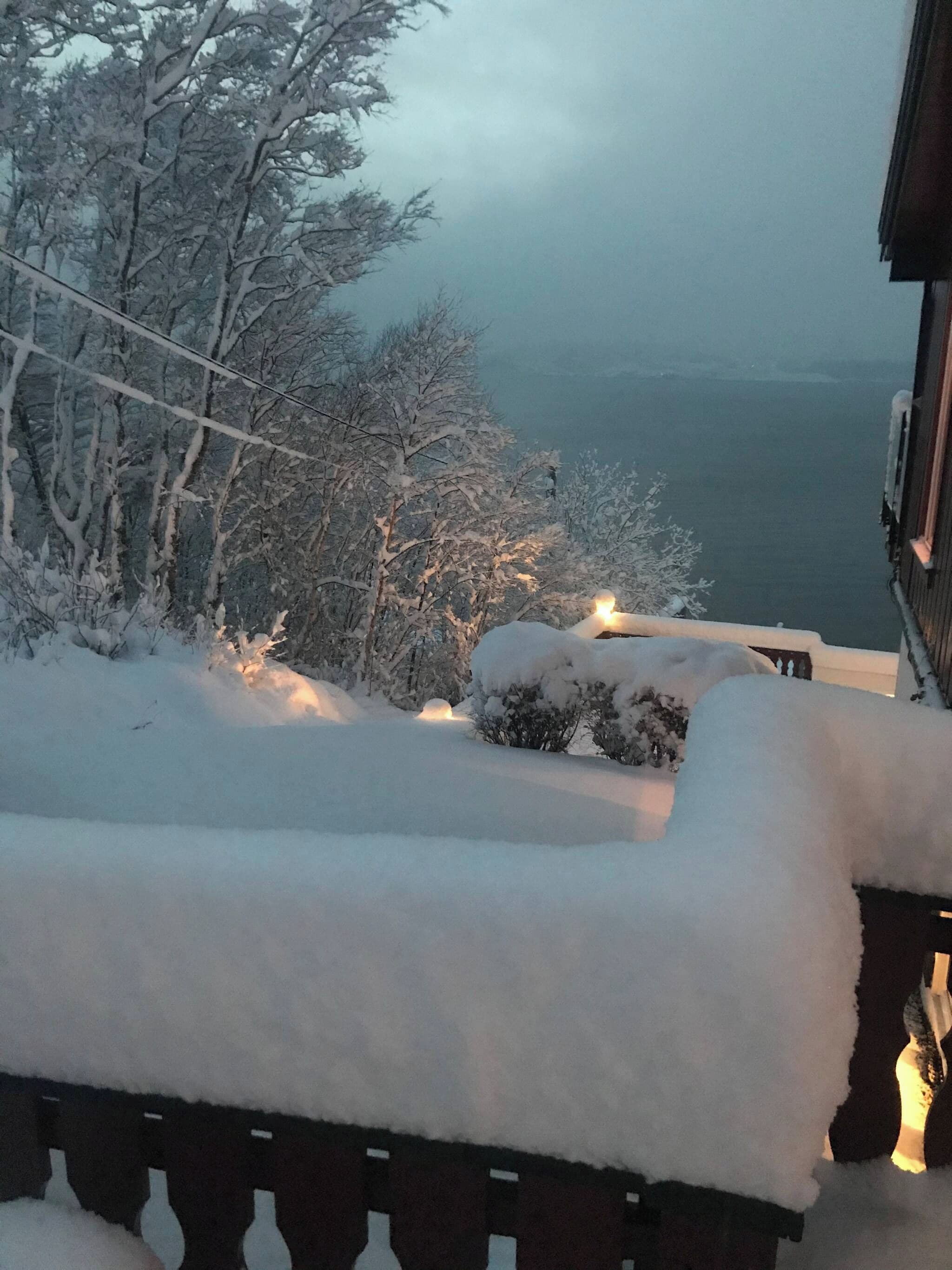 A snow-covered balcony with a view of a lake and trees.