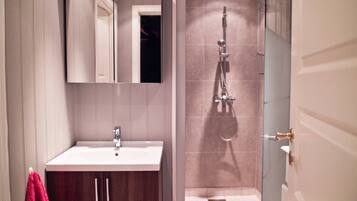 A bathroom with a sink, mirror, and shower.