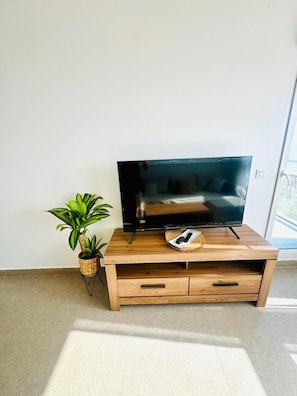 Ein Flachbildfernseher auf einem hölzernen TV-Schrank mit zwei Schubladen, einer kleinen Pflanze und einer Fernbedienung auf dem Schrank.