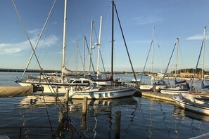 A marina with multiple sailboats docked, calm water, and a clear sky. - Holiday apartment in Barth with swimming pool (Barth)
