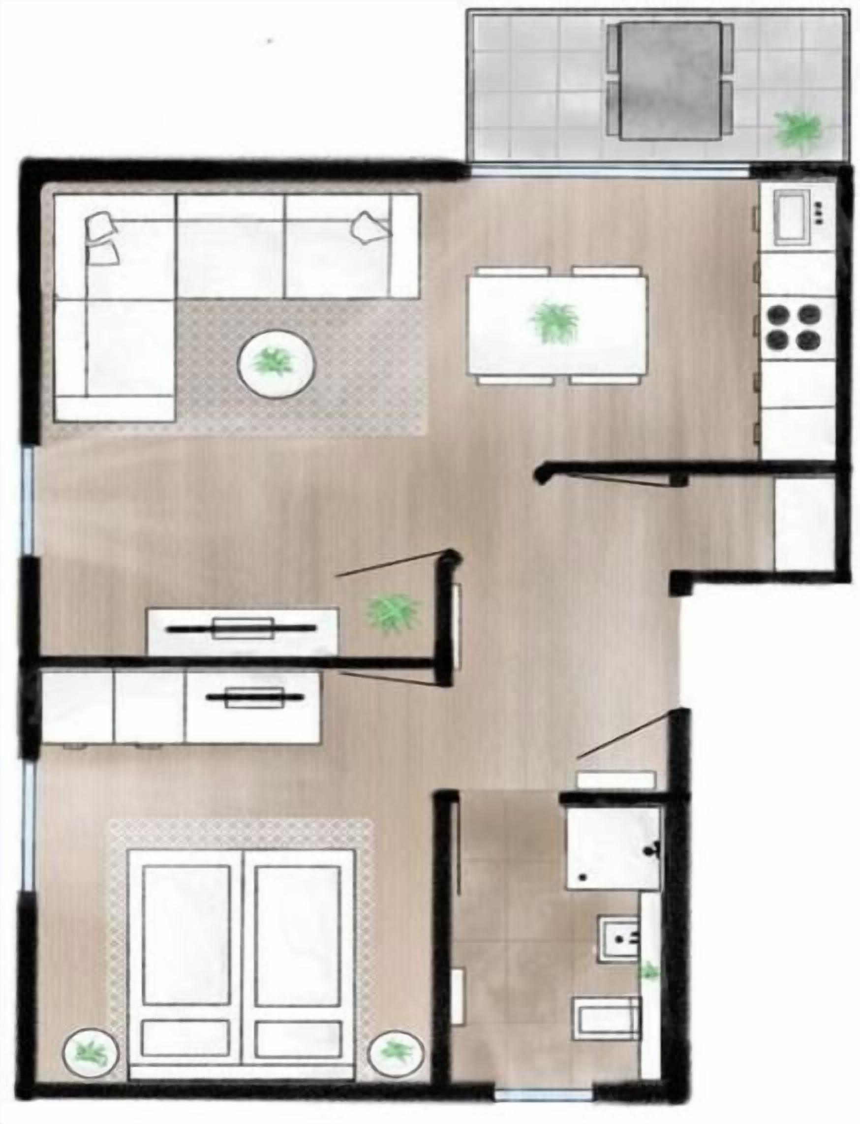A hotel room layout with a living area, kitchenette, and two bedrooms.