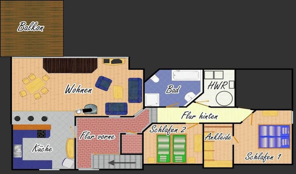 Ein Hotelzimmer mit Balkon, Wohnzimmer, Küche, Bad und zwei Schlafzimmern.