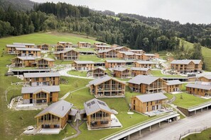 A cluster of wooden cabins with large windows, arranged on a grassy hillside.