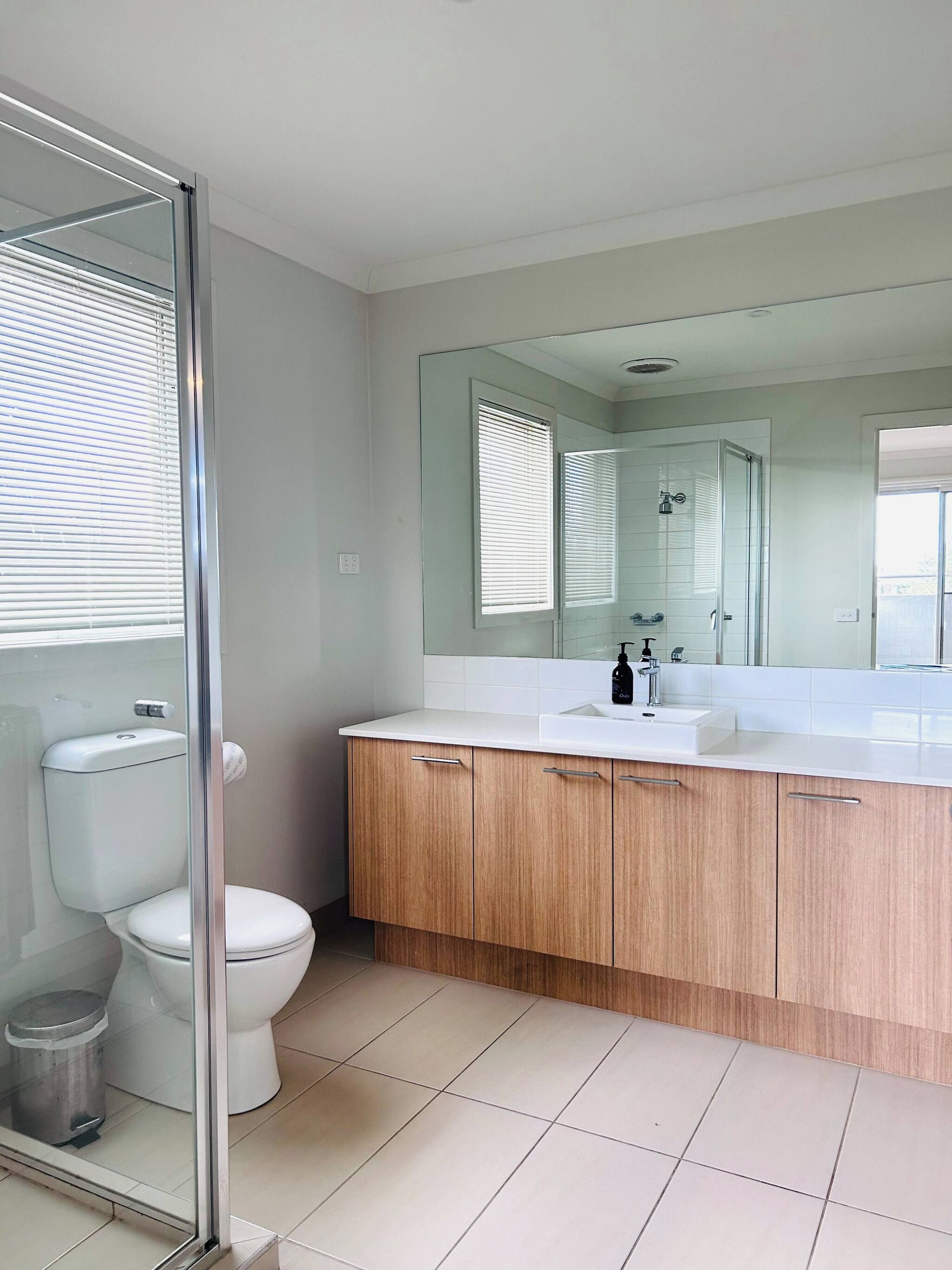 A modern bathroom with a toilet, a shower enclosure, and a vanity with a mirror.