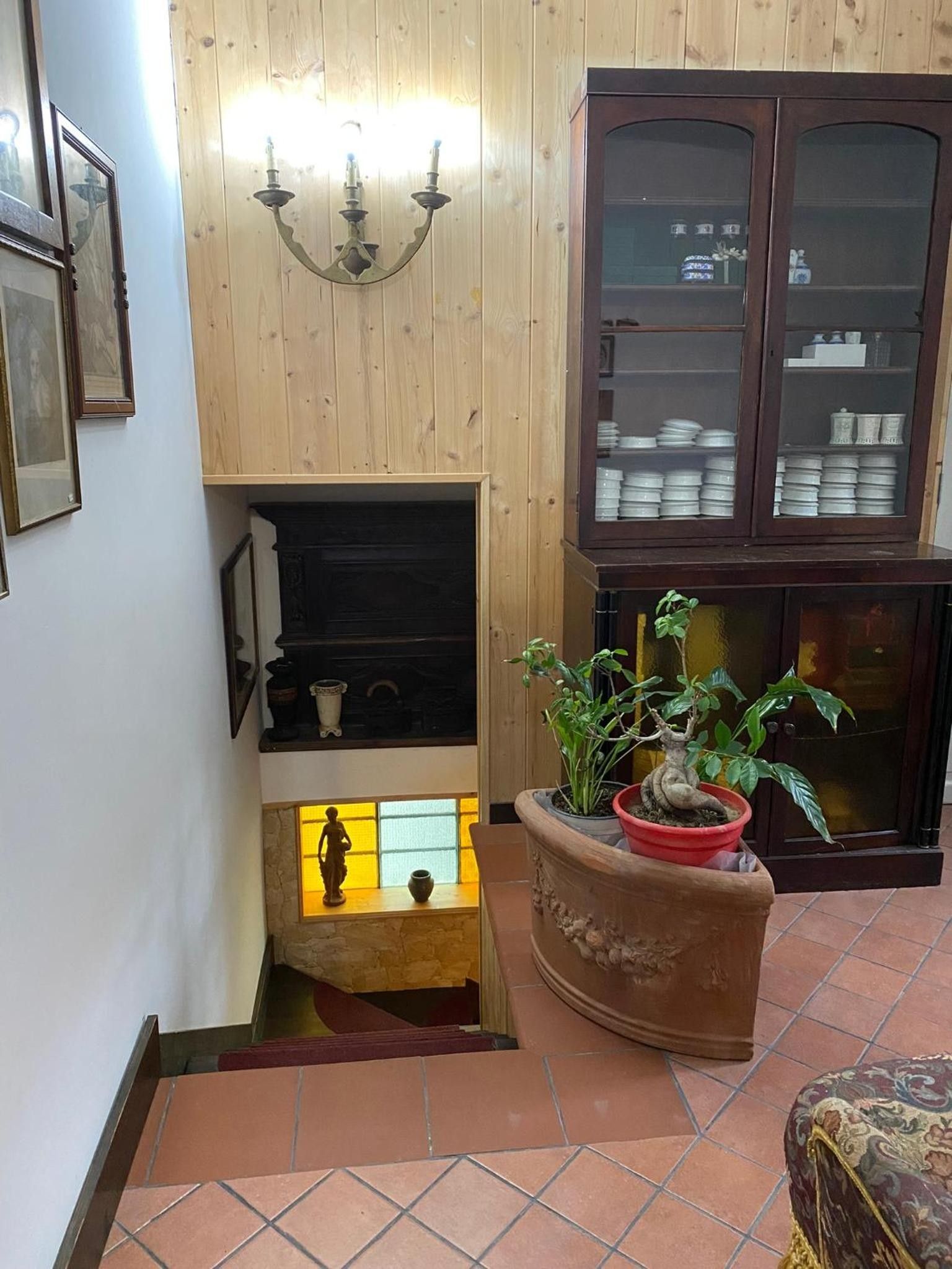 A living room with a fireplace, a cabinet with dishes, and a potted plant.