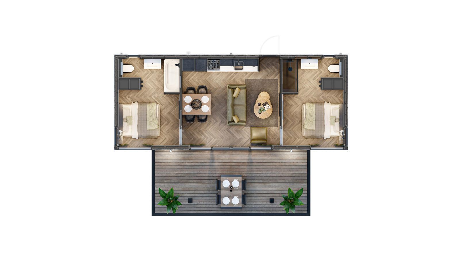Distribución de una habitación de hotel con cama, zona de estar, kitchenette y un pequeño balcón.