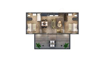 Distribución de una habitación de hotel con cama, zona de estar, kitchenette y un pequeño balcón.