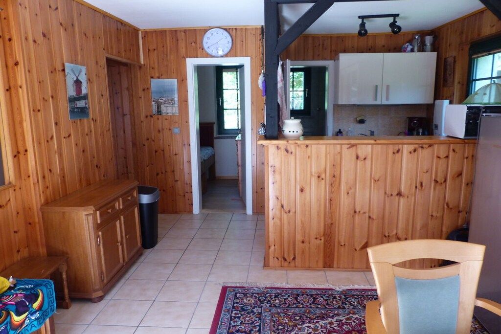A wooden interior with a kitchen area, a dining table, and a patterned rug.