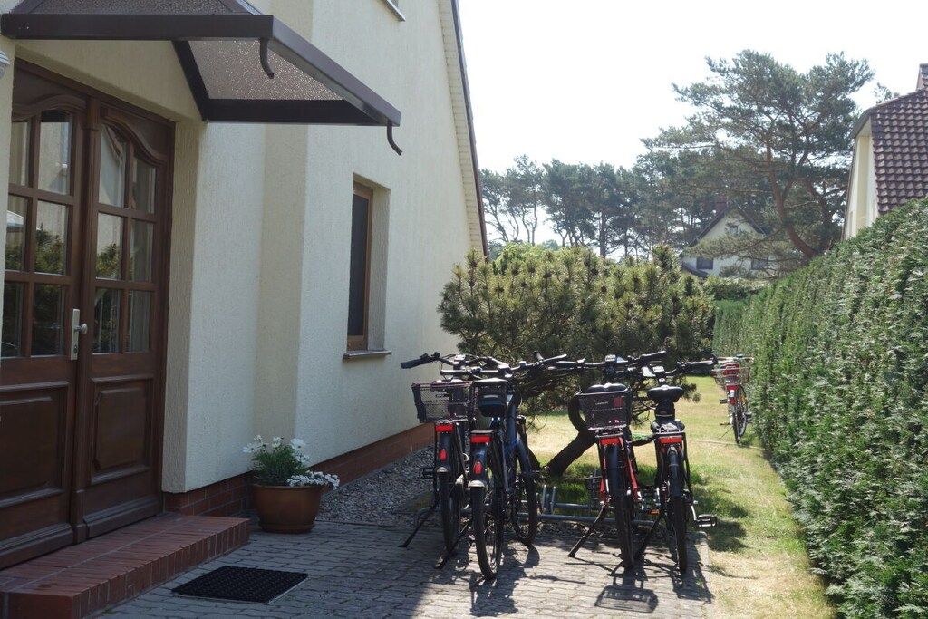 Un bâtiment doté d’une porte et de fenêtres, une zone pavée avec des vélos et une haie.