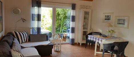 A cozy living room with a sofa, a dining table, and a dog visible through the window.