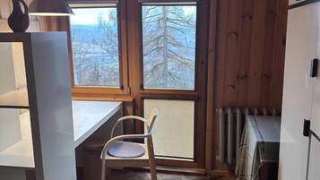 A cabin interior with a wooden ceiling, a dining table with a chair, a window with a view of trees, and a radiator.
