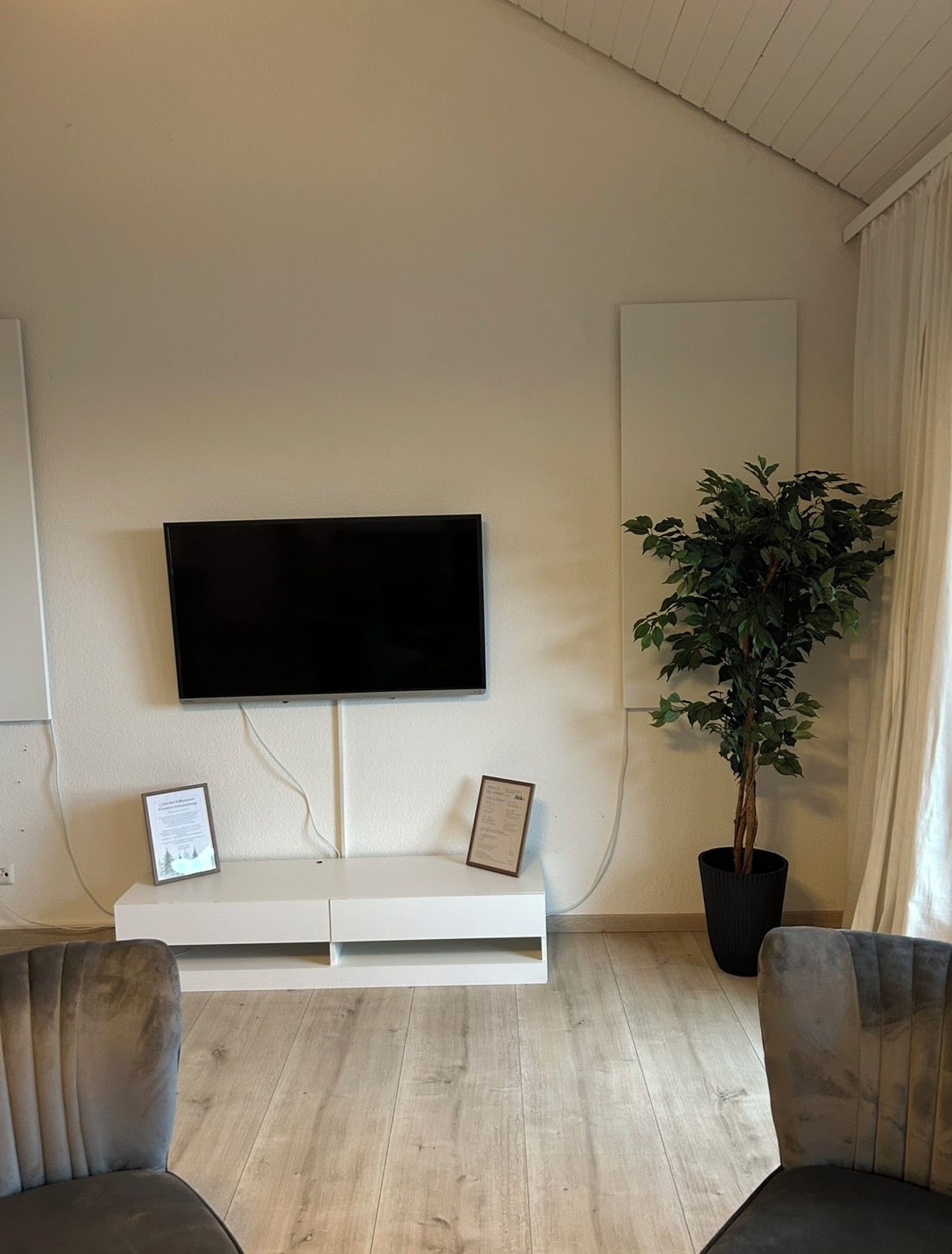 Un salon avec un téléviseur à écran plat fixé au mur, une console blanche, une plante en pot et deux fauteuils.
